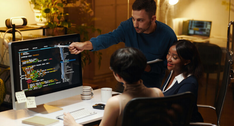 Developer explaining details in programming code his colleagues from front end team
